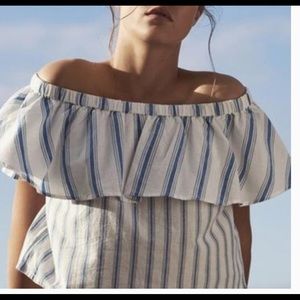 TopShop Blue & White Ruffle Off Shoulder Top
